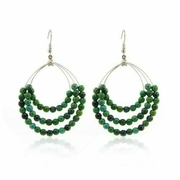 Handmade Chrysocolla Gemstone Beads Triple Teardrop Hoop Dangle Earrings - Picture 1 of 2
